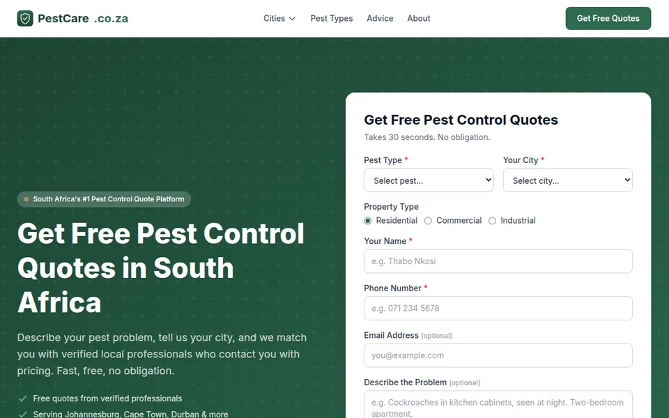 PestCare.co.za website homepage
